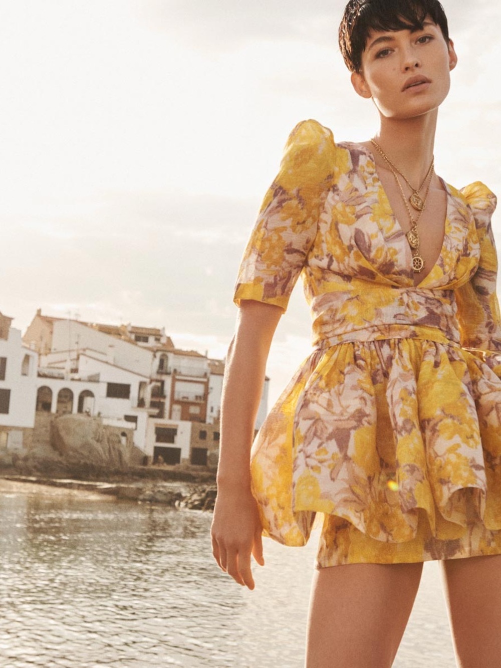 Zimmermann High tide peplum minidress Yellow Floral V-Neck Puff Sleeve Dress
